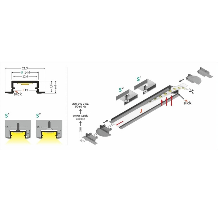 Profil LED BEGTIN12 czarny anodowany odcinki: 1m, 2m Topmet schemat