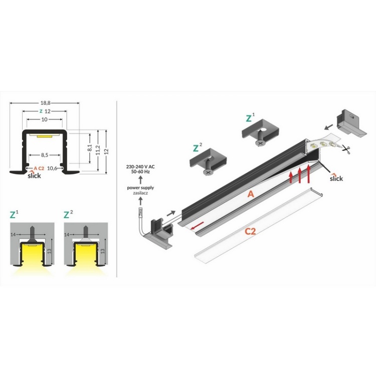 Profil LED SMART-IN10 czarny anodowany odcinki: 1m, 2m Topmet schemat