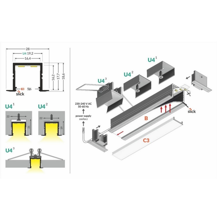 Profil LED SMART-IN16 srebrny anodowany odcinki: 1m, 2m Topmet schemat