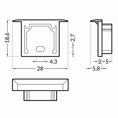 Zaślepka do profilu led SMART-IN16 z otworem szara Topmet wymiary