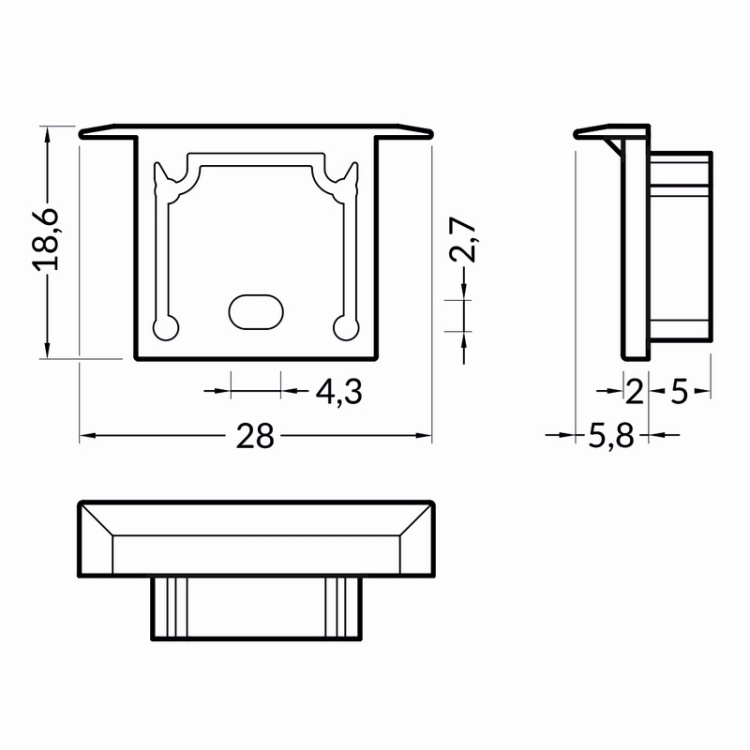 Zaślepka do profilu led SMART-IN16 z otworem czarna Topmet wymiary
