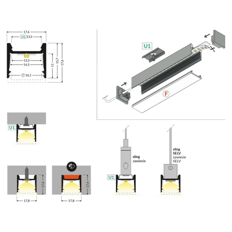 Profil LED HOOD14 srebrny anodowany odcinki: 2m Topmet wymiary
