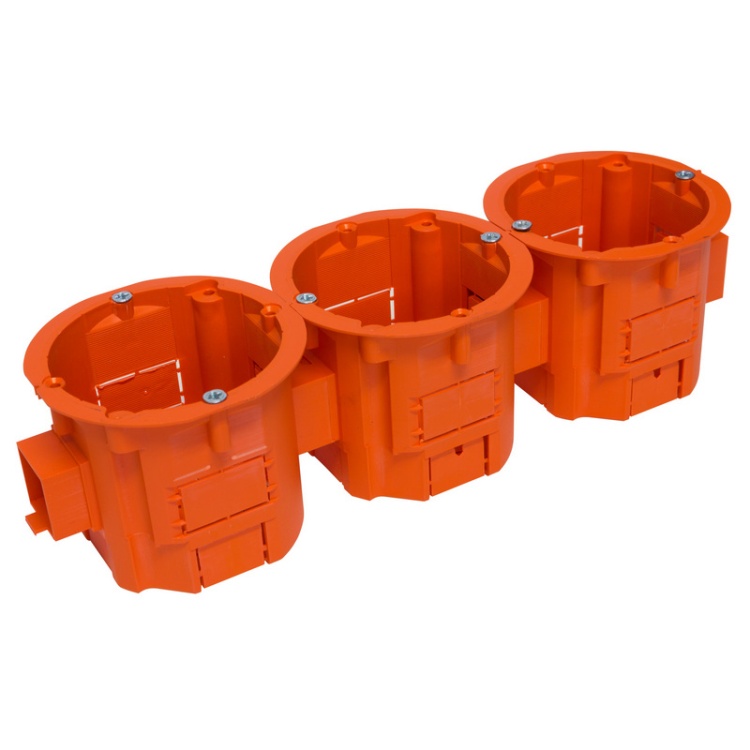 Puszka końcowa jednokrotna 60x60mm podtynkowa szeregowa z wkrętami pomarańczowa Plastrol przykład łączenia