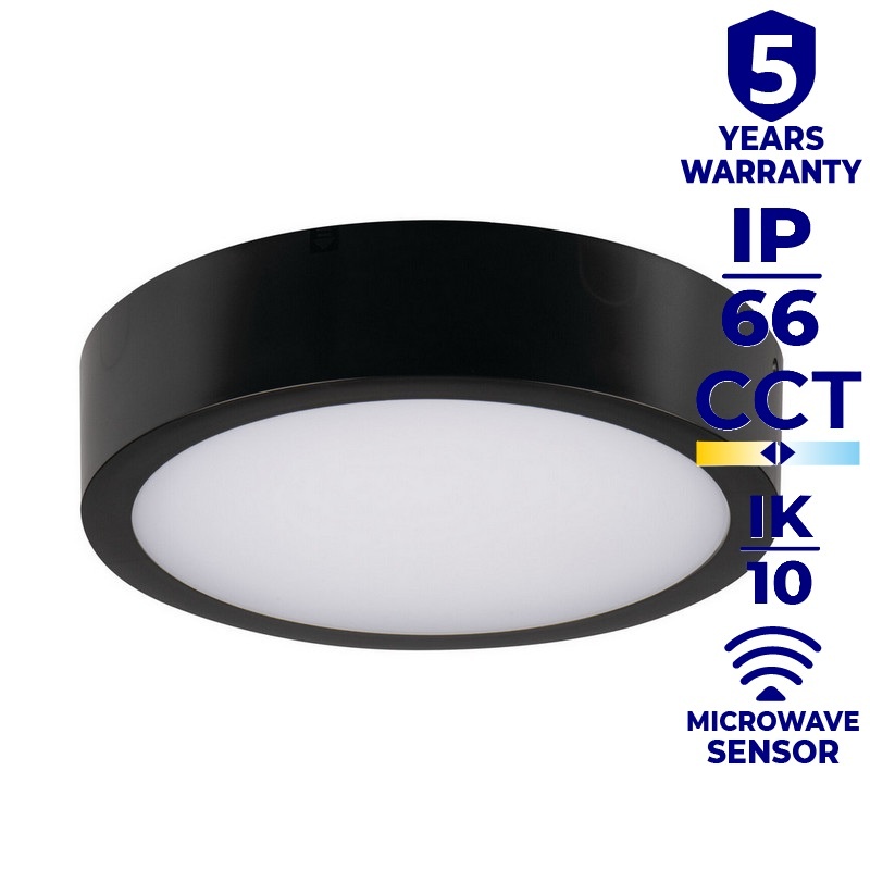 Plafoniera DABER LED CCT z czujnikiem ruchu 8-13W 1490lm ∅250mm IP66 czarna Kanlux 39023 infografiki