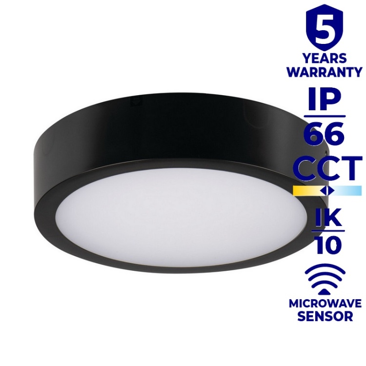 Plafoniera DABER LED CCT z czujnikiem ruchu 8-13W 1490lm ∅250mm IP66 czarna Kanlux 39023 infografiki