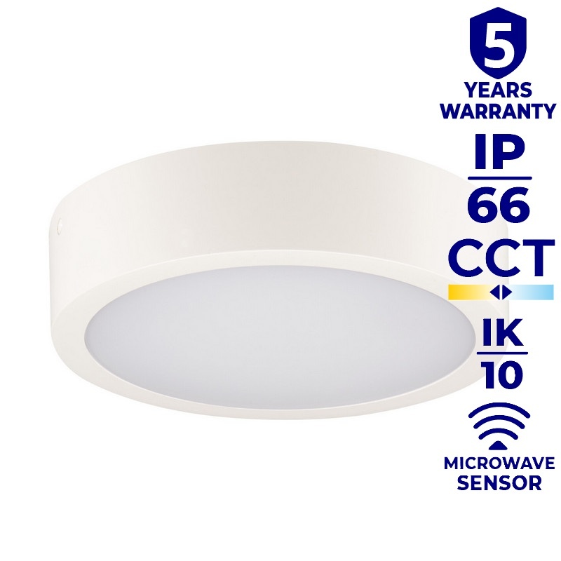 Plafoniera DABER LED CCT z czujnikiem ruchu 8-13W 1510lm ∅250mm IP66 biała Kanlux 39021 infografiki