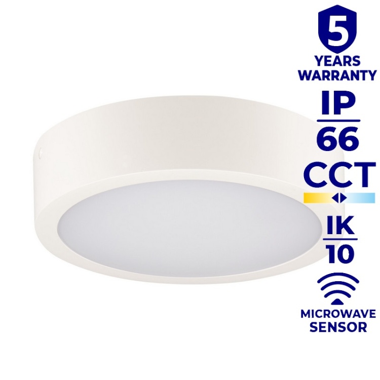 Plafoniera DABER LED CCT z czujnikiem ruchu 8-13W 1510lm ∅250mm IP66 biała Kanlux 39021 infografiki