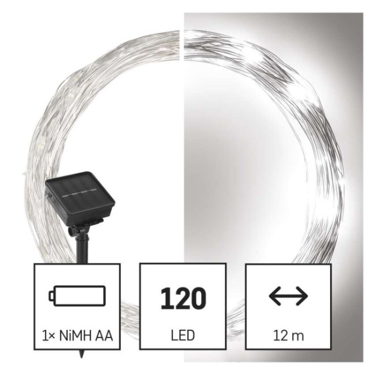Dekoracje - 120 LED nano łezki z panelem solarnym, miedź, 12 m, IP44, zimna biel, timer