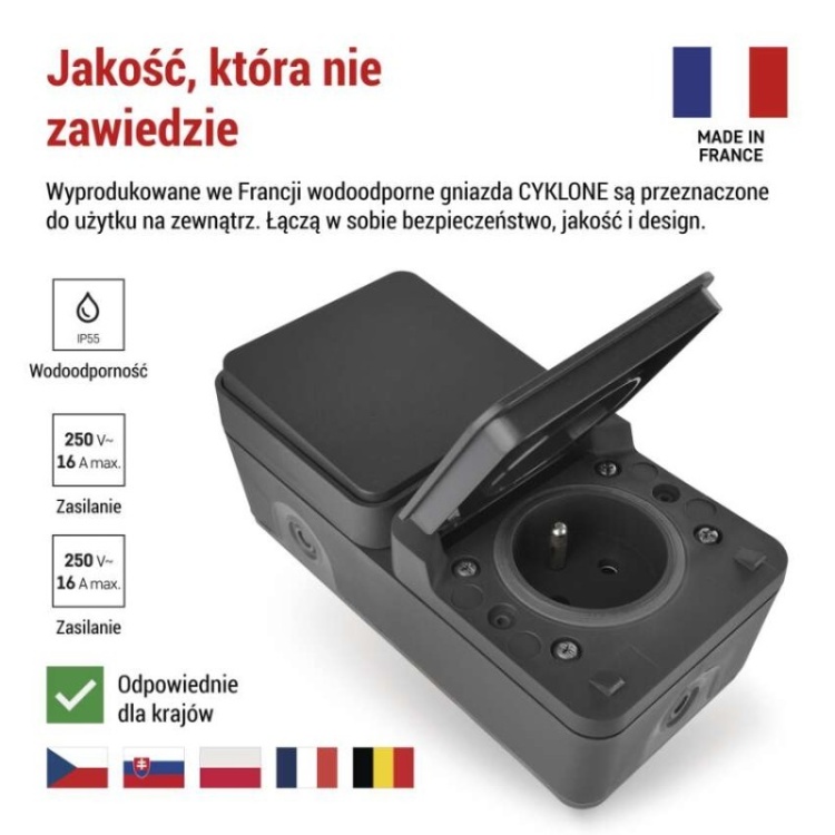 Gniazdo natynkowe i wyłącznik schodowy szare IP55 Cyklone Emos D730429 informacje