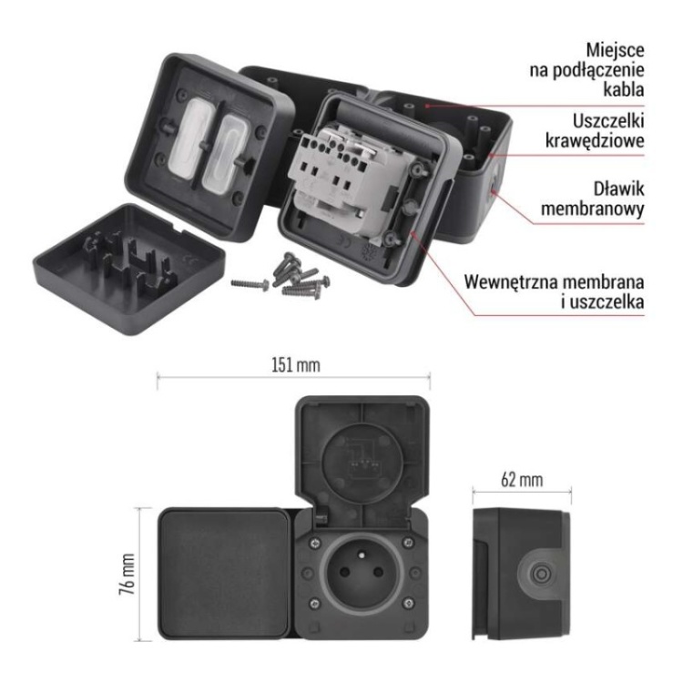 Gniazdo natynkowe i wyłącznik schodowy szare IP55 Cyklone Emos D730429 opis