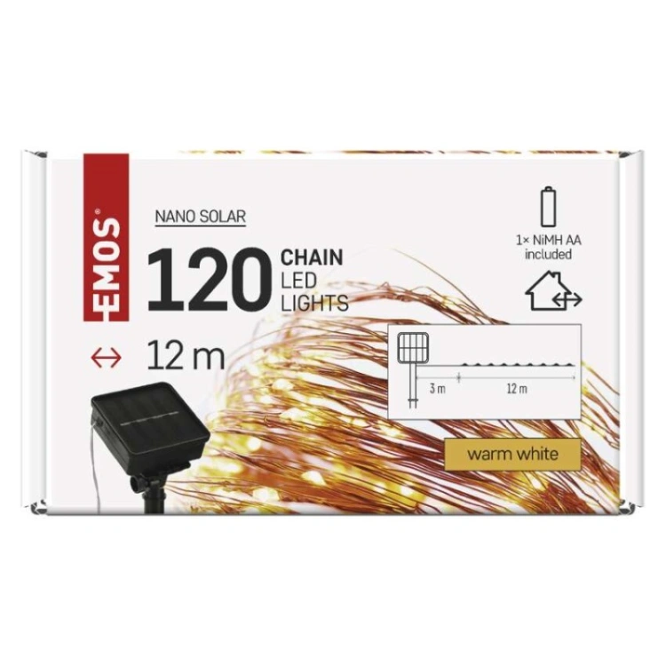 Girlanda świetlna NANO ŁEZKI solarna 120xLED ciepła biel 12m IP44 Emos D3ZW01 opakowanie front