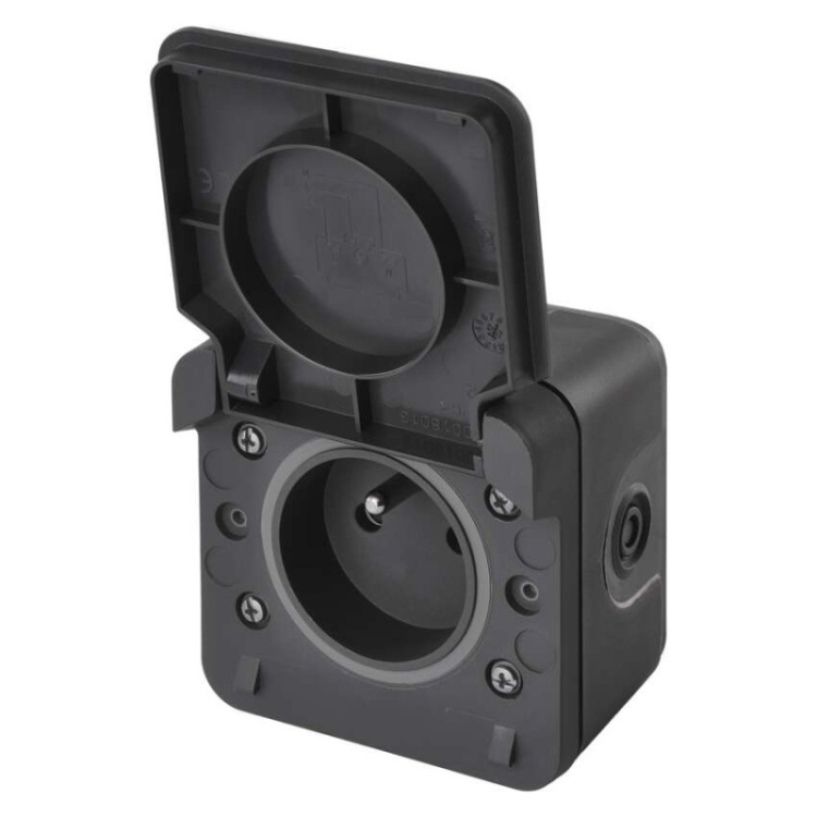 Gniazdo pojedyncze natynkowe szare IP55 Cyklone Emos D730420 otwarte