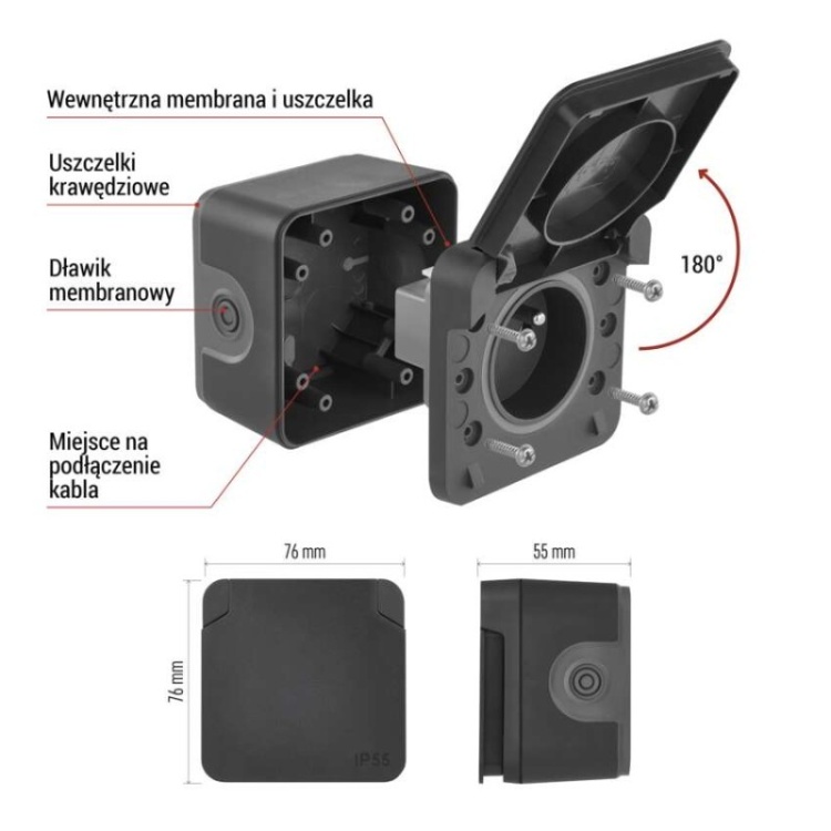 Gniazdo pojedyncze natynkowe szare IP55 Cyklone Emos D730420 infografika