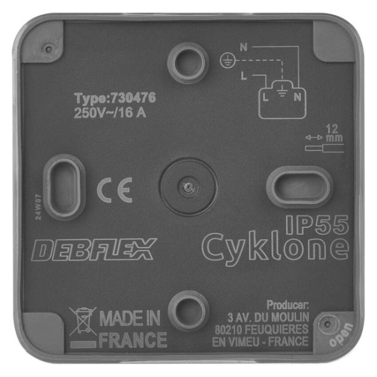 Gniazdo pojedyncze natynkowe szare IP55 Cyklone Emos D730420 tył