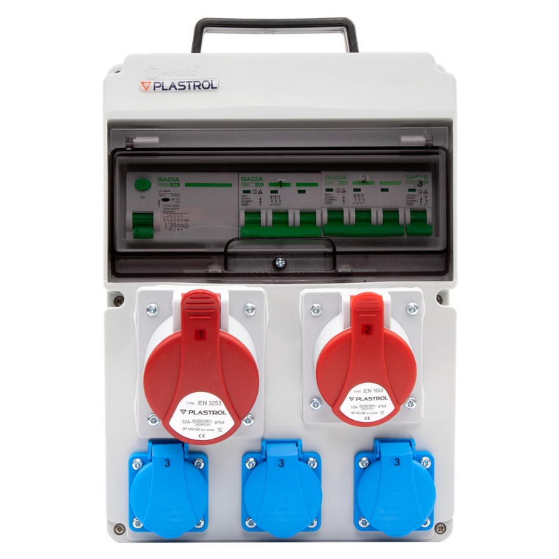 Rozdzielnica budowlana + 3x gniazdo 230V + gniazdo16A/5P + gniazdo 32A/5P IP54 Plastrol front