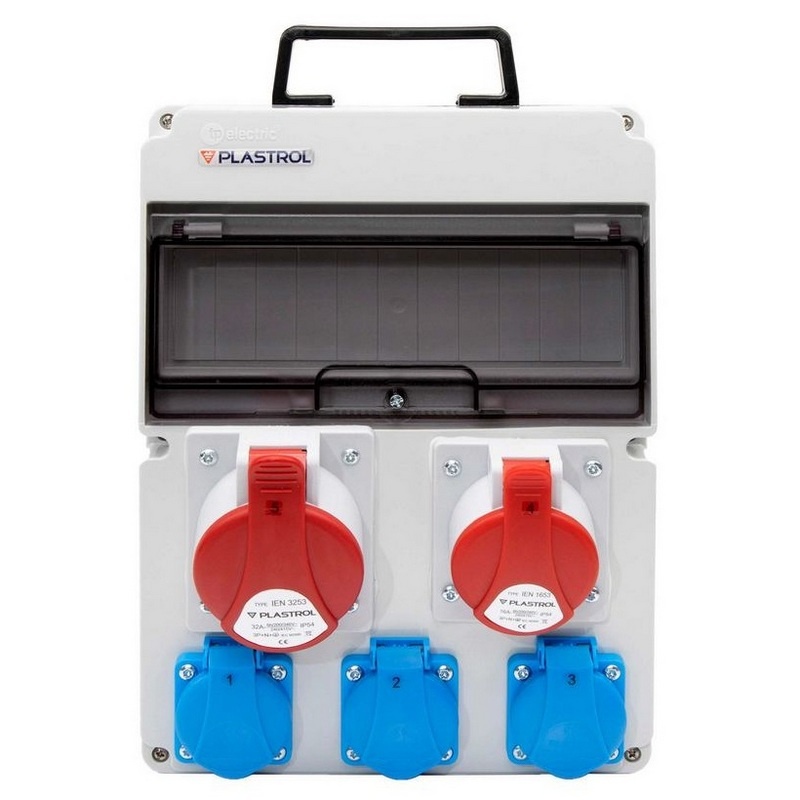 Rozdzielnica budowlana 3x gniazdo 230V + gniazdo 16A/5P + gniazdo 32A/5P IP54 Plastrol front