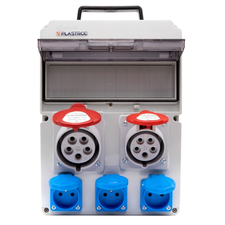 Rozdzielnica budowlana 3x gniazdo 230V + gniazdo 16A/5P + gniazdo 32A/5P IP54 Plastrol front otwarta