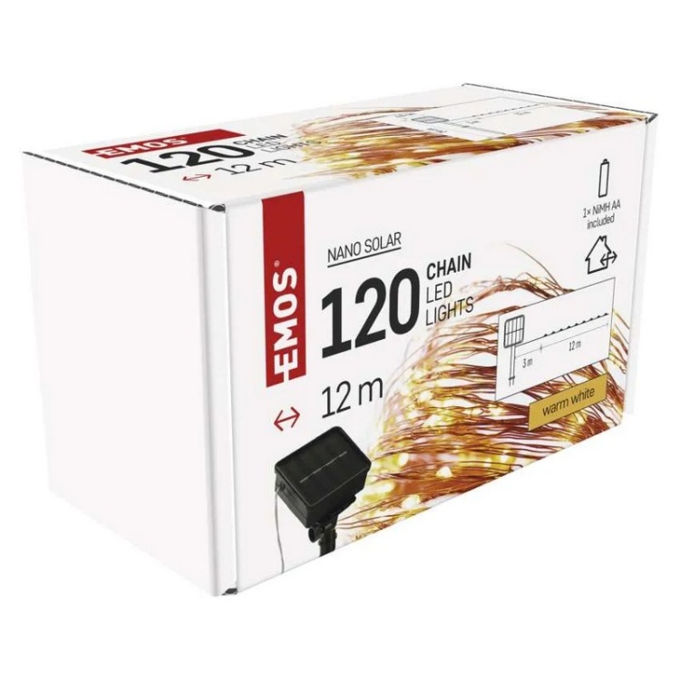 Girlanda świetlna NANO ŁEZKI solarna 120xLED ciepła biel 12m IP44 Emos D3ZW01 opakowanie