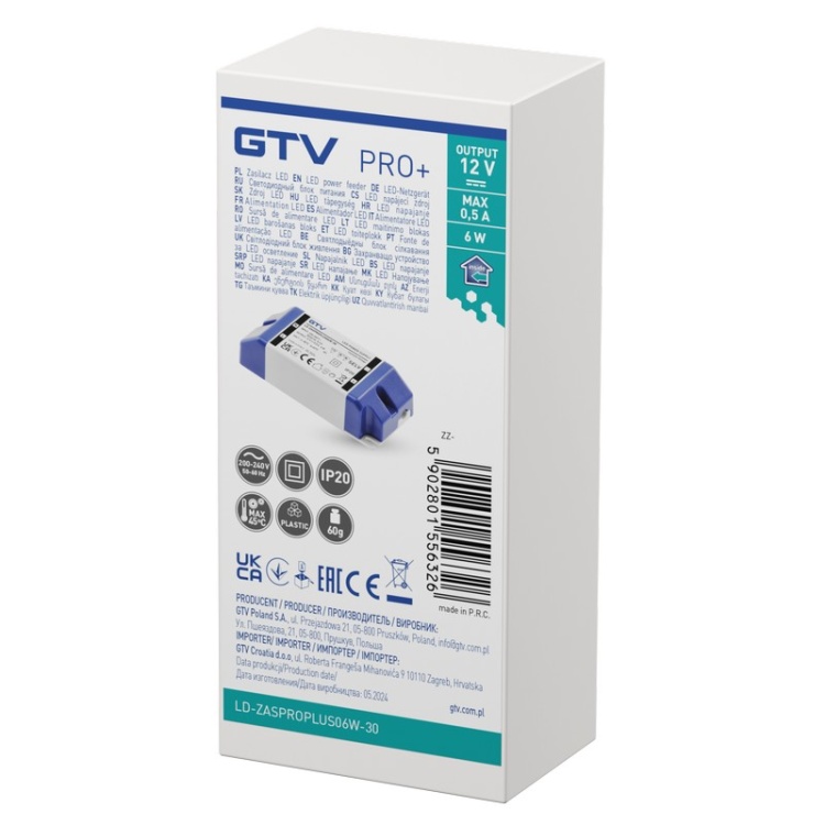 Zasilacz LED PRO+ 6W 12V DC 0,5A IP20 GTV opakowanie