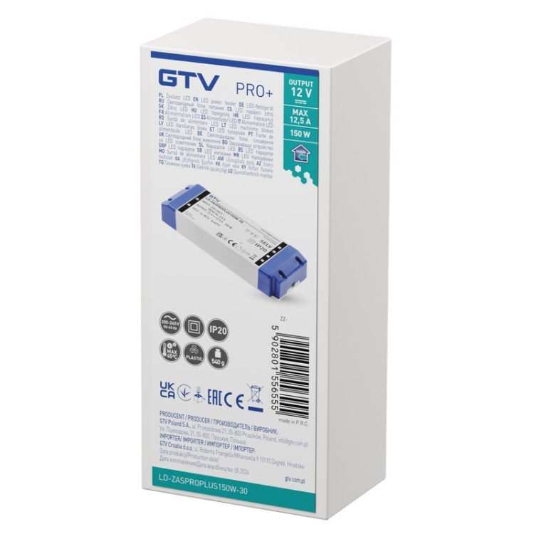 Zasilacz LED PRO+ 150W 12V DC 12,5A IP20 GTV opakowanie
