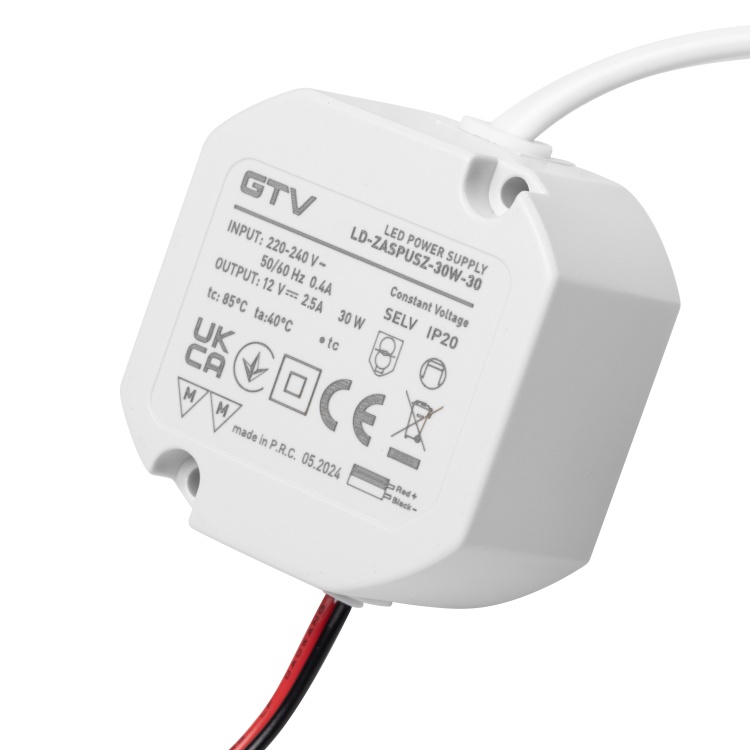 Zasilacz LED dopuszkowy 30W 12V 2,5A IP20 GTV LD-ZASPUSZ-30W-30 front