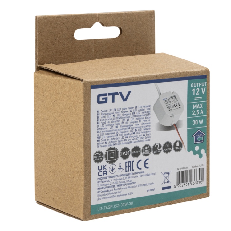 Zasilacz LED dopuszkowy 30W 12V 2,5A IP20 GTV LD-ZASPUSZ-30W-30 opakowanie