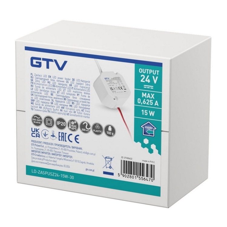 Zasilacz LED dopuszkowy 15W 24V 0,625A IP20 GTV opakowanie