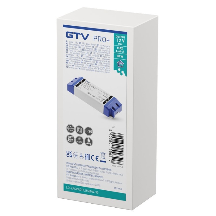 Zasilacz LED PRO+ 80W 12V DC 6,66A IP20 GTV opakowanie