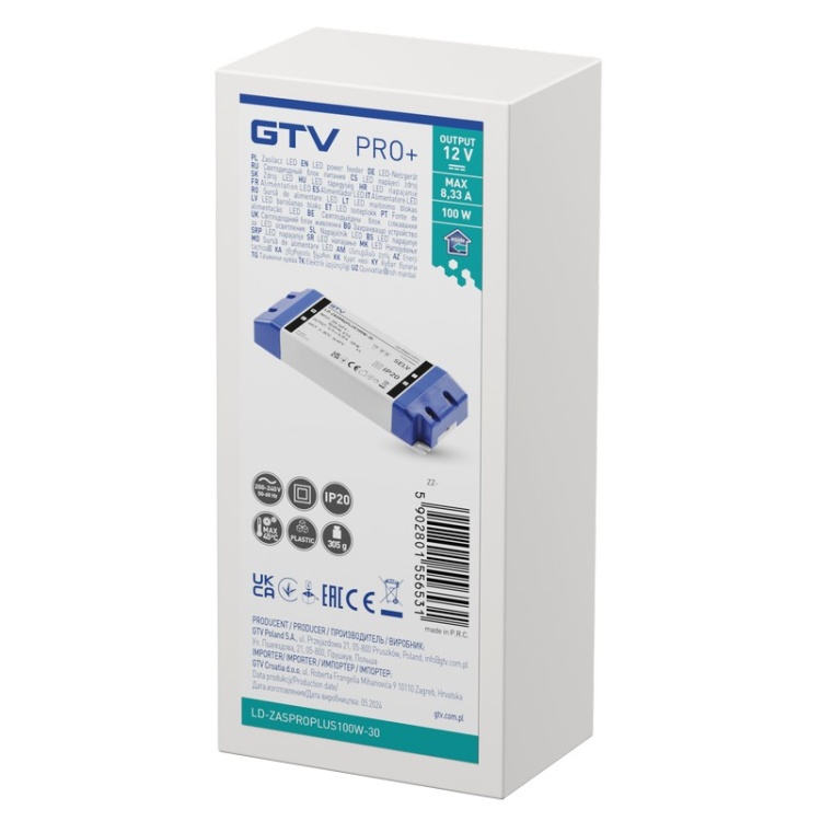 Zasilacz LED PRO+ 100W 12V DC 8,33A IP20 GTV opakowanie