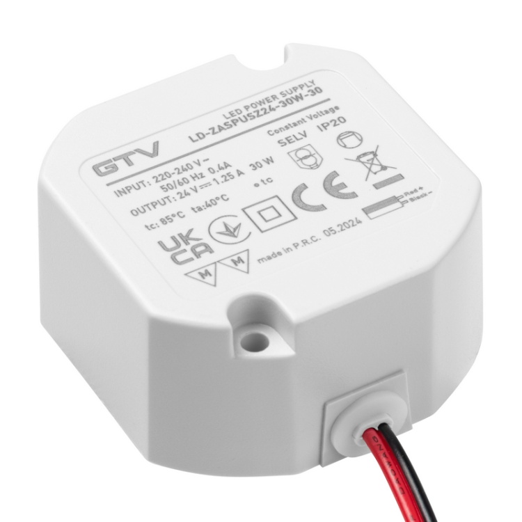 Zasilacz LED dopuszkowy 30W 24V 1,25A IP20 GTV przewód