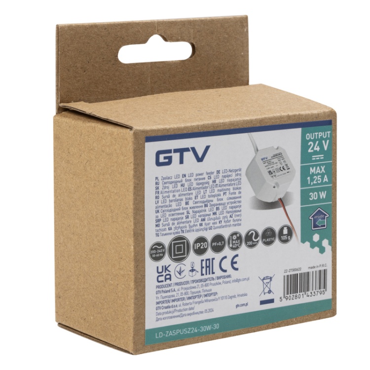 Zasilacz LED dopuszkowy 30W 24V 1,25A IP20 GTV opakowanie