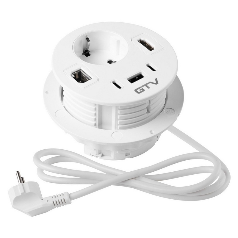 Gniazdo meblowe RONDO ładowarka USB przewód 1,5m 1x2P+Z 3xUSB 1xHDMI 1xRJ45 schuko białe