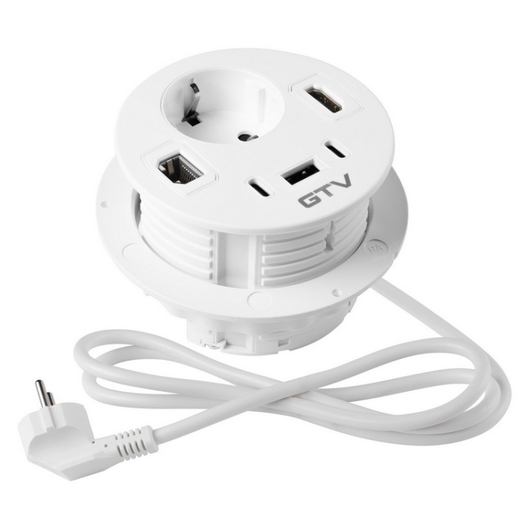 Gniazdo meblowe RONDO ładowarka USB przewód 1,5m 1x2P+Z 3xUSB 1xHDMI 1xRJ45 schuko białe