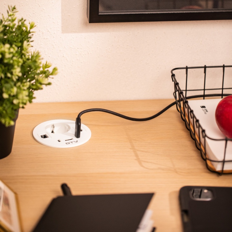 Gniazdo meblowe RONDO ładowarka USB przewód 1,5m 1x2P+Z 3xUSB 1xHDMI 1xRJ45 schuko białe przestrzeń biurowa