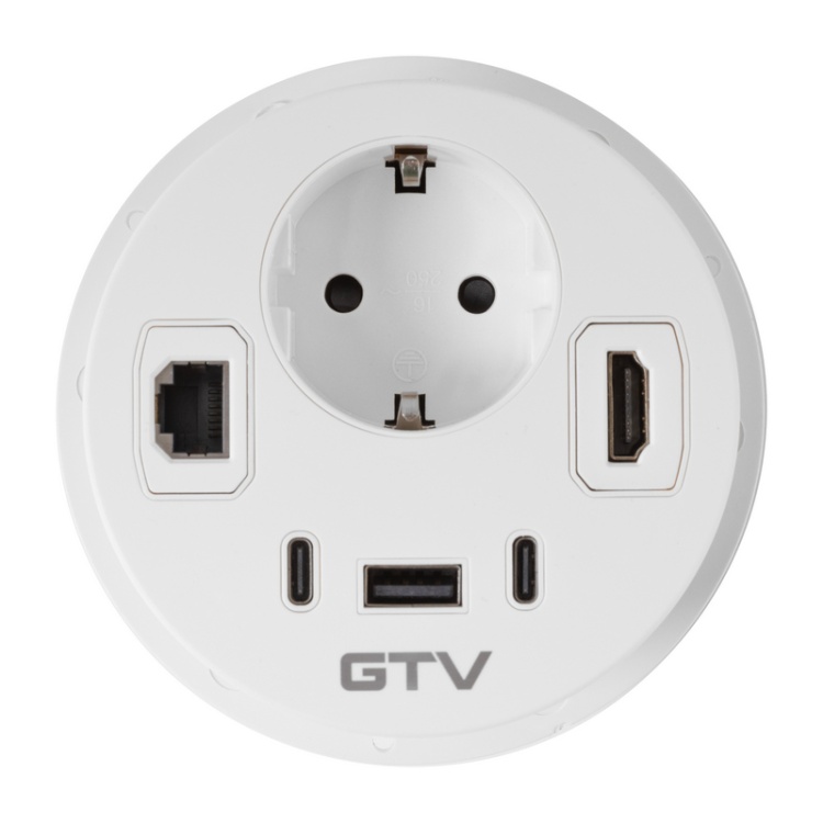 Gniazdo meblowe RONDO ładowarka USB przewód 1,5m 1x2P+Z 3xUSB 1xHDMI 1xRJ45 schuko białe widok z góry