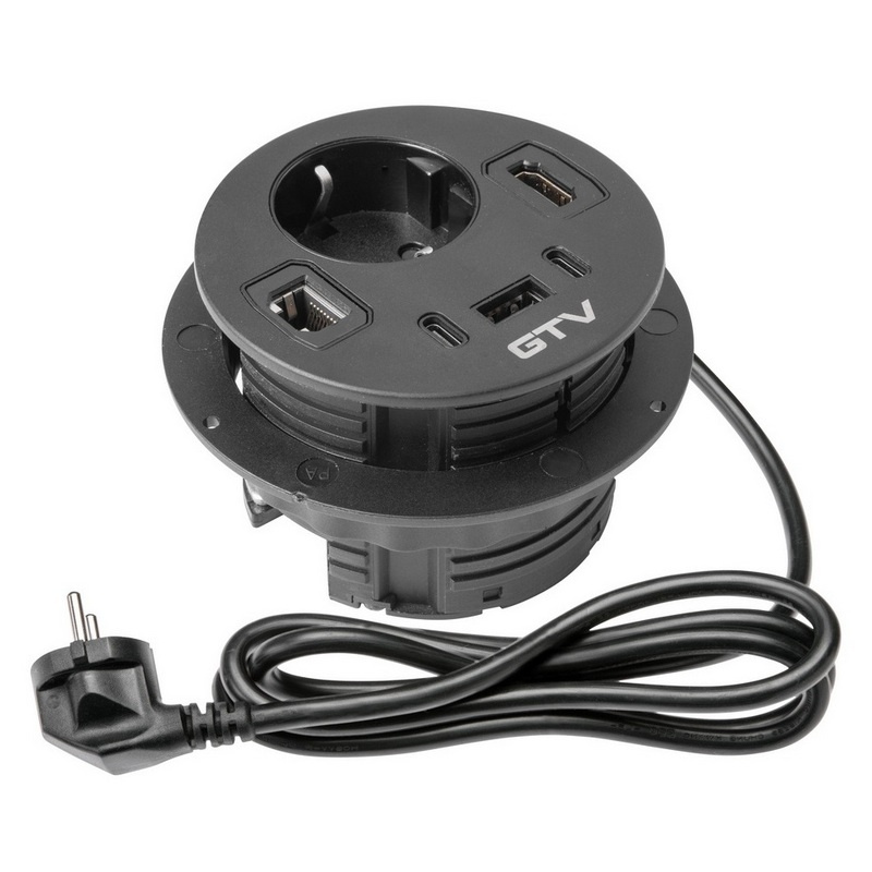 Gniazdo meblowe RONDO ładowarka USB przewód 1,5m 1x2P+Z 3xUSB 1xHDMI 1xRJ45 schuko czarne