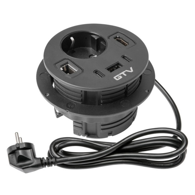 Gniazdo meblowe RONDO ładowarka USB przewód 1,5m 1x2P+Z 3xUSB 1xHDMI 1xRJ45 schuko czarne