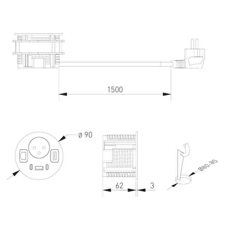 Gniazdo meblowe RONDO ładowarka USB przewód 1,5m 1x2P+Z 3xUSB 1xHDMI 1xRJ45 schuko czarne wymiary
