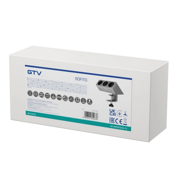 Gniazdo meblowe SOFITO ładowarka USB przewód 1,5m 2x2P+Z 2xUSB schuko szary flok opakowanie
