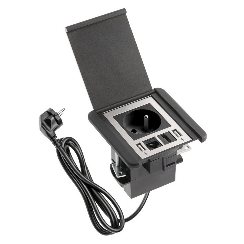 Gniazdo wpuszczane FLIP z przesłoną ładowarka USB przewód 1,5m 1x2P+Z 2xUSB 1xRJ45 czarne