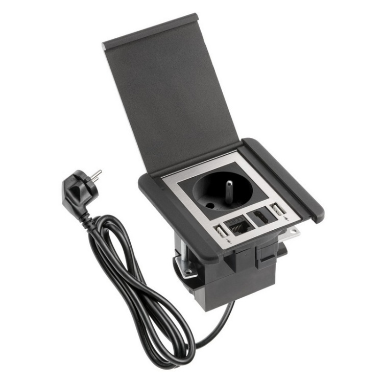 Gniazdo wpuszczane FLIP z przesłoną ładowarka USB przewód 1,5m 1x2P+Z 2xUSB 1xRJ45 czarne