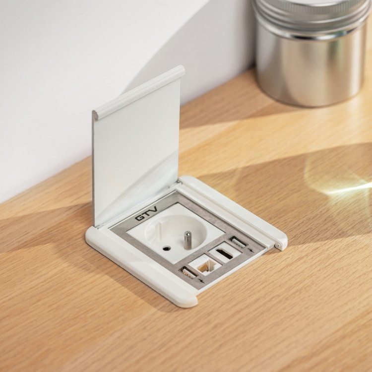 Gniazdo wpuszczane FLIP z przesłoną ładowarka USB przewód 1,5m 1x2P+Z 2xUSB 1xRJ45 białe zastosowanie