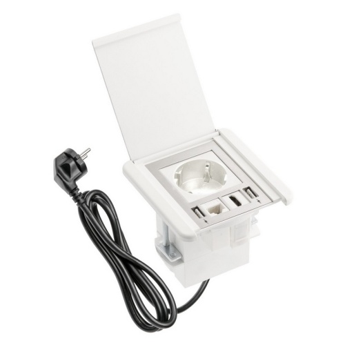 Gniazdo wpuszczane FLIP z pokrywką ładowarka USB przewód 1,5m 1x2P+Z 2xUSB 1xRJ45 schuko białe