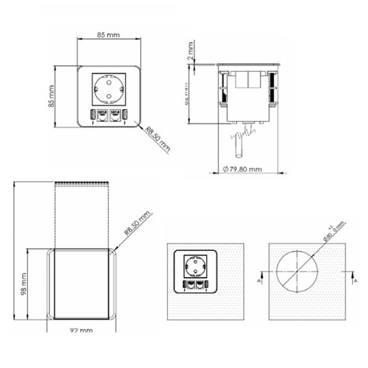 Gniazdo wpuszczane FLIP z pokrywką ładowarka USB przewód 1,5m 1x2P+Z 2xUSB 1xRJ45 schuko białe wymiary