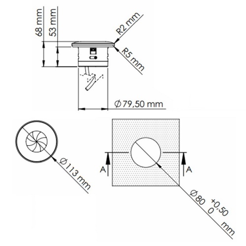 Gniazdo wpuszczane SHUTTER z przesłoną przewód 1,5m 1x2P+Z białe wymiary
