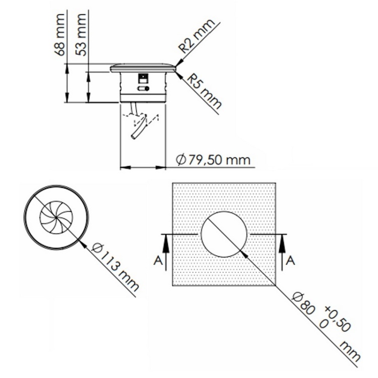 Gniazdo wpuszczane SHUTTER z przesłoną przewód 1,5m 1x2P+Z schuko czarne wymiary