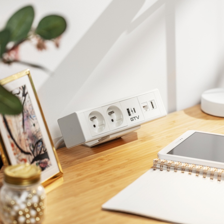 Gniazdo meblowe BAR ładowarka USB przewód 1,5m 2x2P+Z 2xUSB 1xHDMI 1xRJ45 białe użytkowananie