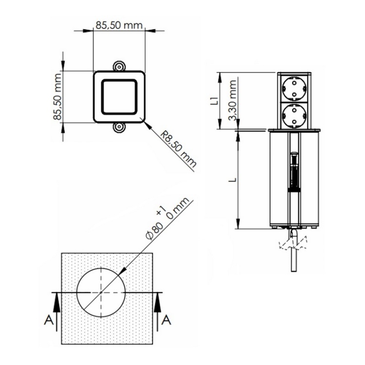 Gniazdo wysuwane TOWER ładowarka USB przewód 1,5m 1x2P+Z 2xUSB schuko czarne wymiary