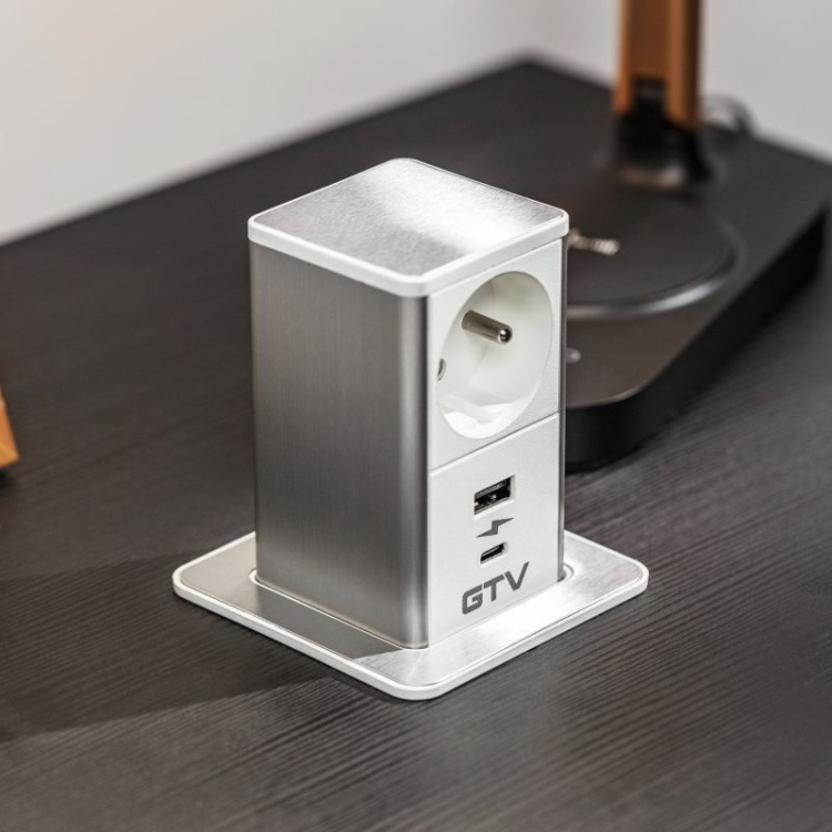 Gniazdo wysuwane TOWER ładowarka USB przewód 1,5m 1x2P+Z 2xUSB białe bok