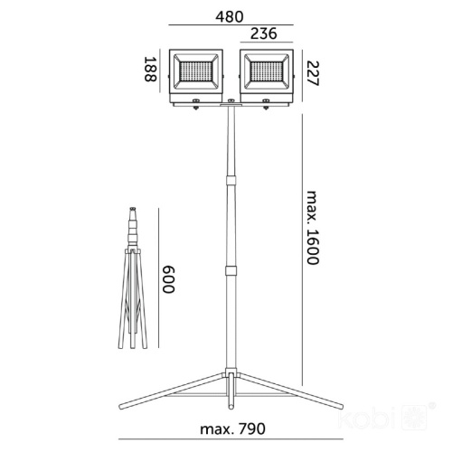Naświetlacz LED TIGRA TRIPOD 2x100W 4000K IP54 Kobi wymiary